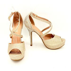Delicacy Liz Gold Glitter Stiletto Platform Heels Rhinestones Peep Toe Size 7